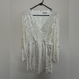 Wayf White and Silver Sequin Long Sleeve Dress